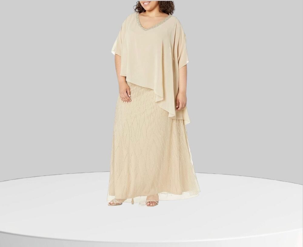 NWT J Kara Women's Beaded Bottom V-Neck Sheer Gown Size 6P
